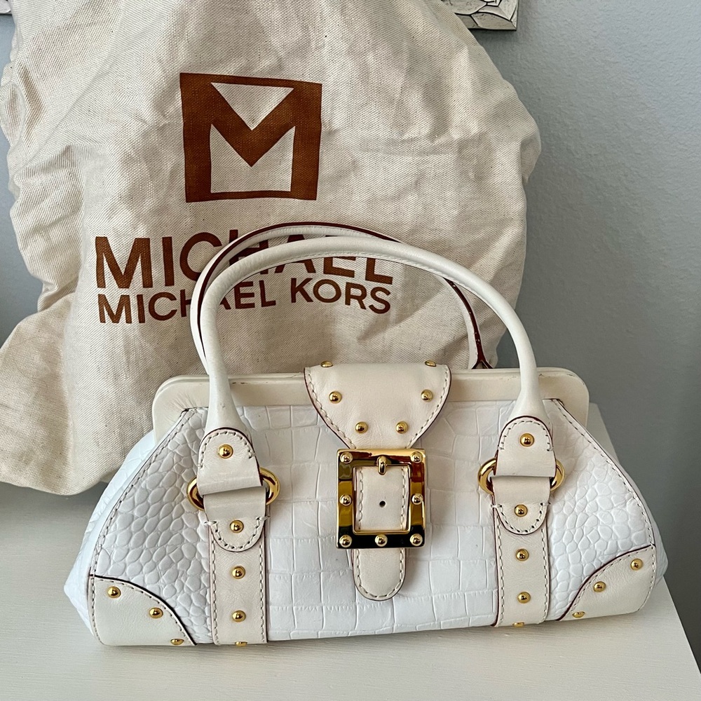 Michael Kors White Leather Handbag With Gold Hardware